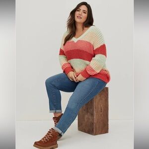 Torrid V-Neck Striped Sweater - Coral, Mint, Cream